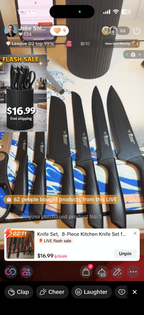 TikTok live showing knife set flash sale with 62 buyers