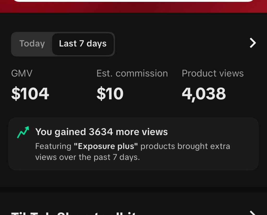Dashboard showing $104 GMV and $10 commission