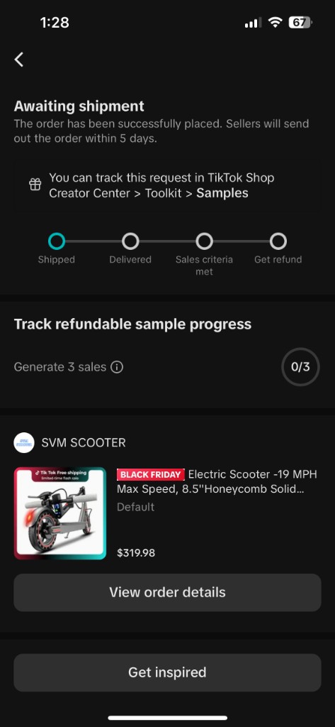 TikTok Shop refundable sample order confirmation for electric scooter