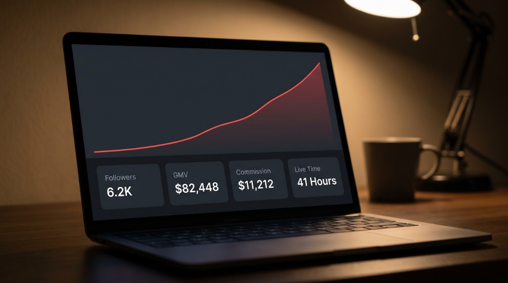 Laptop dashboard showing TikTok Live growth metrics and commission earnings