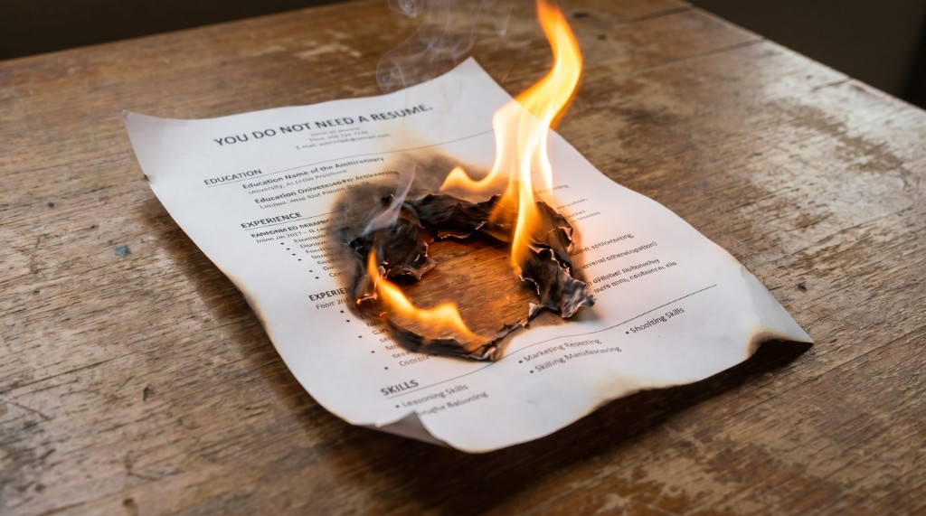 A resume page burning on a table