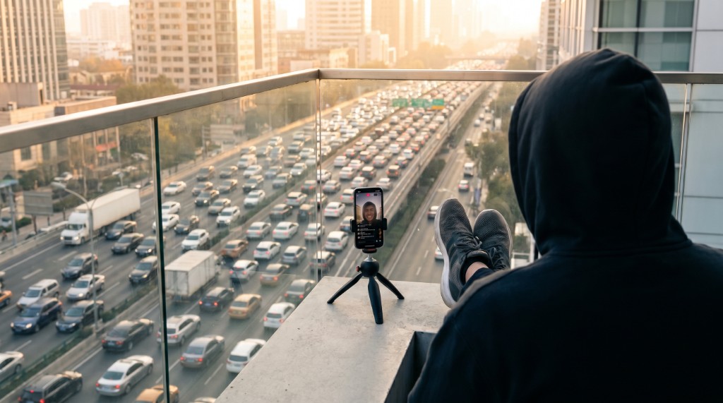 Creator going live from a rooftop while traffic fills the highway below